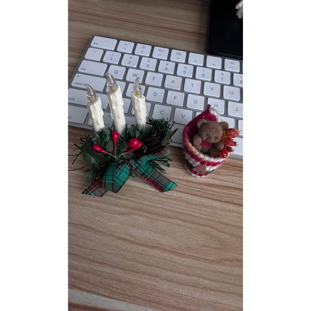 VTG 2 Mini Christmas Triple Candle Pin Brooch & Teddy Bear Pin Brooch Stocking